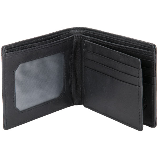Ten Pocket Wallet, Emu Leather, Black :  This wallet has an identity window on one side, four card slots on the other side  and two center opening pockets.