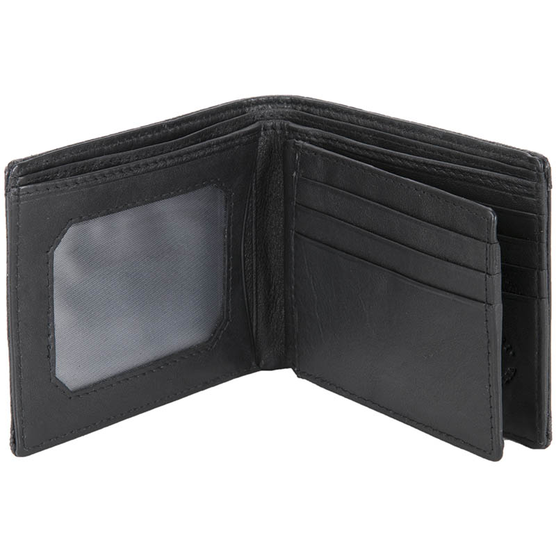 Ten Pocket Wallet, Emu Leather, Black :  This wallet has an identity window on one side, four card slots on the other side  and two center opening pockets.