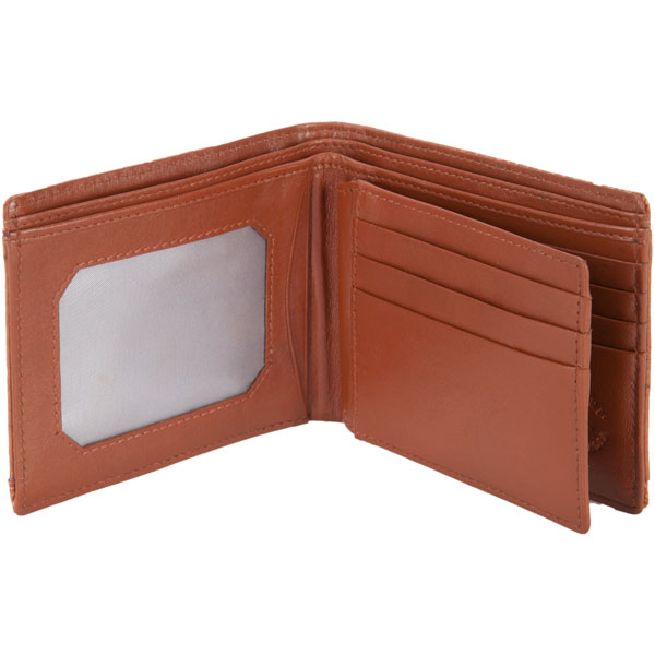 Ten Pocket Wallet, Emu Leather, Tan :  This wallet has an identity window on one side, four card slots on the other side  and two center opening pockets.
