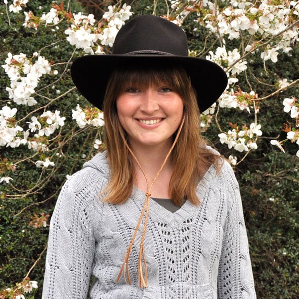 Our braided leather Chin Strap on the Cattleman Hat by Akubra, worn by Elena from Germany