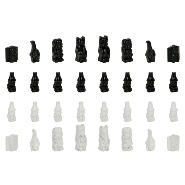 The chess set includes the 16 black pieces and 16 white pieces.