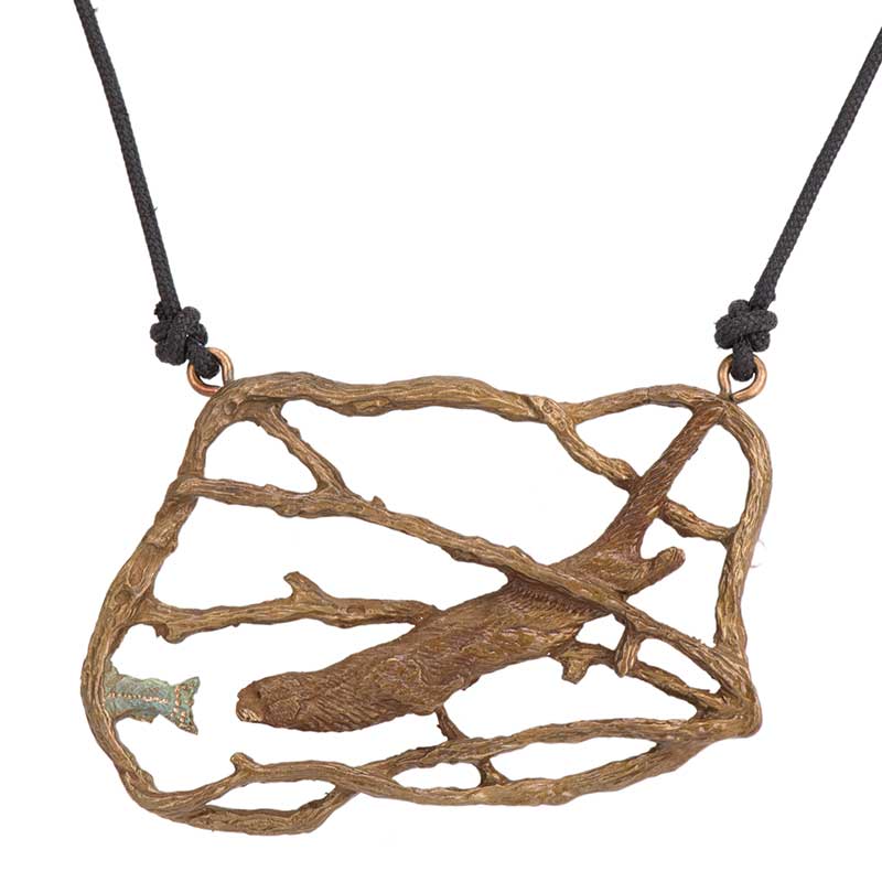 Otter Chasing Trout Pendant, Bronze