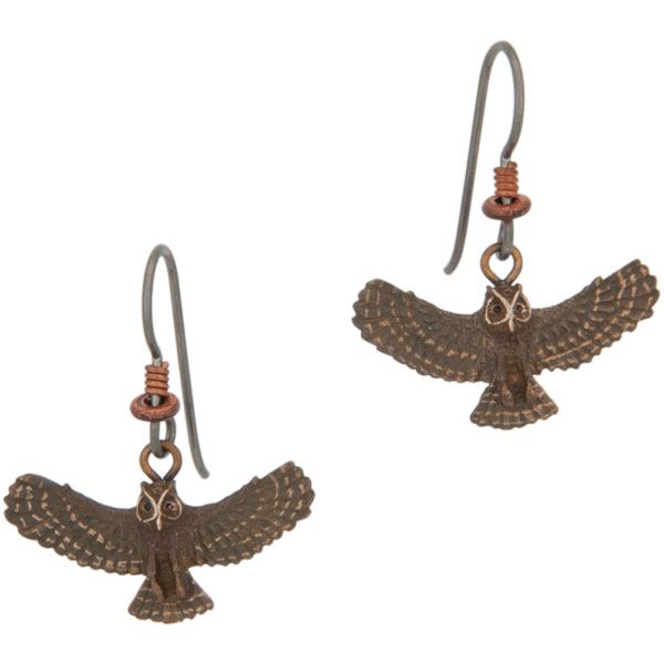 Great Horned Owl Earrings, Bronze