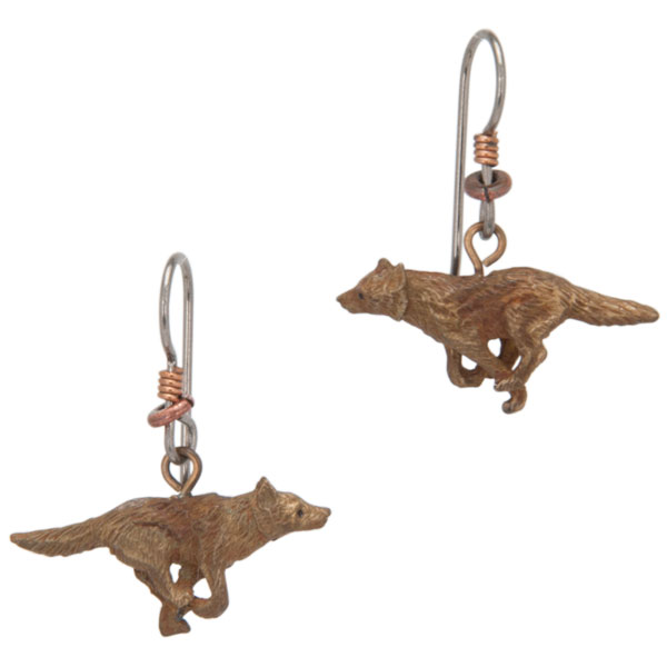 Running Wolf Earrings, Fishhook, Bronze